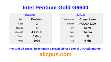 Intel Pentium Gold G6600 Specifiche e benchmark della CPU