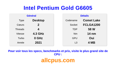 Intel Pentium Gold G6605 Spécifications et benchmarks du CPU
