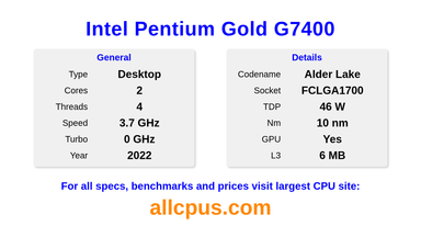 Intel Pentium Gold G7400 CPU Specifications and Benchmark