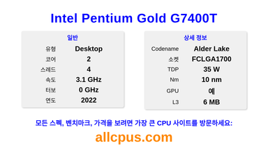 Intel Pentium Gold G7400T CPU 사양과 벤치마크