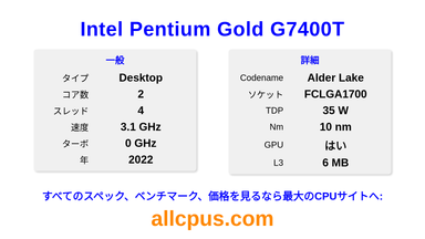 Intel Pentium Gold G7400T CPUの仕様とベンチマーク