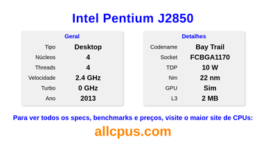 Intel Pentium J2850 Especificações e benchmarks da CPU