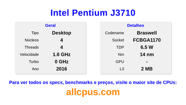 Intel Pentium J3710 Especificações e benchmarks da CPU