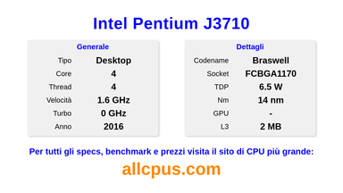 Intel Pentium J3710 Specifiche e benchmark della CPU