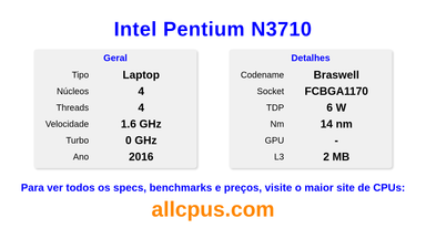 Intel Pentium N3710 Especificações e benchmarks da CPU