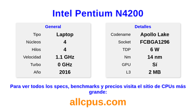 Intel Pentium N4200 Especificaciones y benchmarks de la CPU