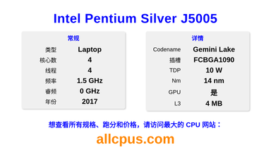 Intel Pentium Silver J5005 CPU 规格和跑分