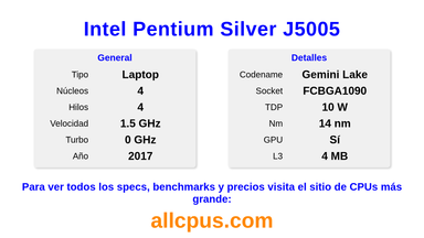 Intel Pentium Silver J5005 Especificaciones y benchmarks de la CPU