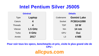 Intel Pentium Silver J5005 Spécifications et benchmarks du CPU