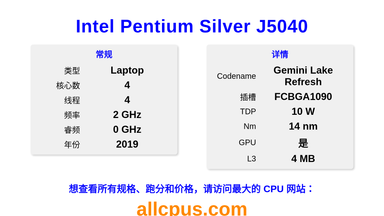 Intel Pentium Silver J5040 CPU 规格和跑分