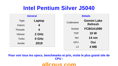 Intel Pentium Silver J5040 Spécifications et benchmarks du CPU