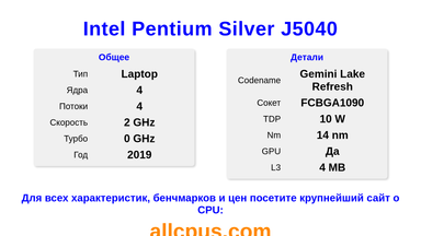 Intel Pentium Silver J5040 Характеристики и бенчмарки CPU