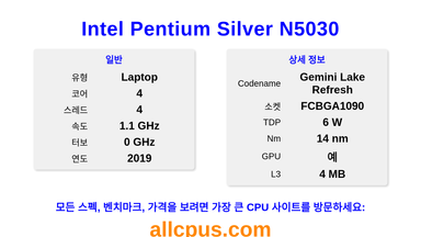 Intel Pentium Silver N5030 CPU 사양과 벤치마크