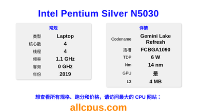 Intel Pentium Silver N5030 CPU 规格和跑分