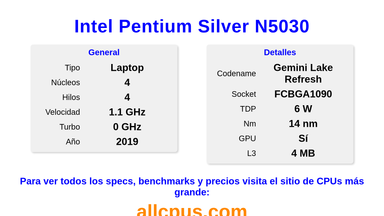 Intel Pentium Silver N5030 Especificaciones y benchmarks de la CPU
