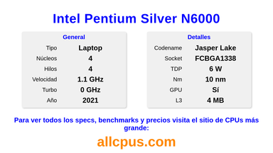 Intel Pentium Silver N6000 Especificaciones y benchmarks de la CPU