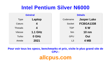 Intel Pentium Silver N6000 Spécifications et benchmarks du CPU