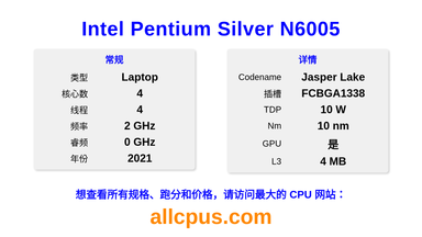 Intel Pentium Silver N6005 CPU 规格和跑分