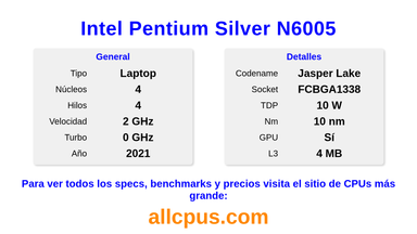 Intel Pentium Silver N6005 Especificaciones y benchmarks de la CPU