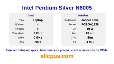 Intel Pentium Silver N6005 Especificações e benchmarks da CPU