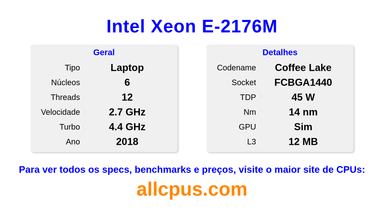 Intel Xeon E-2176M Especificações e benchmarks da CPU