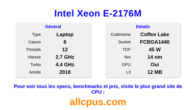Intel Xeon E-2176M Spécifications et benchmarks du CPU