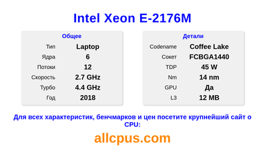 Intel Xeon E-2176M Характеристики и бенчмарки CPU