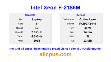 Intel Xeon E-2186M Specifiche e benchmark della CPU