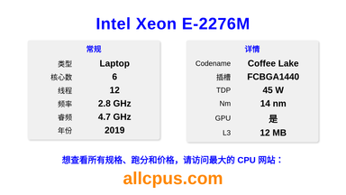 Intel Xeon E-2276M CPU 规格和跑分