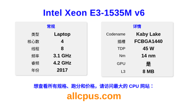 Intel Xeon E3-1535M v6 CPU 规格和跑分