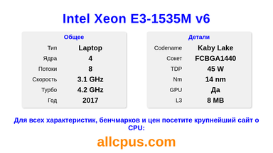 Intel Xeon E3-1535M v6 Характеристики и бенчмарки CPU