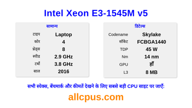 Intel Xeon E3-1545M v5 CPU की स्पेसिफिकेशन और बेंचमार्क
