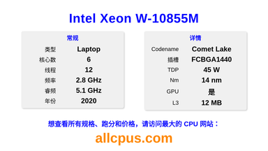 Intel Xeon W-10855M CPU 规格和跑分