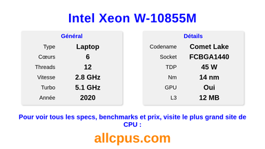 Intel Xeon W-10855M Spécifications et benchmarks du CPU