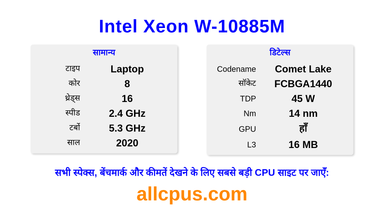 Intel Xeon W-10885M CPU की स्पेसिफिकेशन और बेंचमार्क