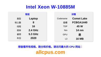 Intel Xeon W-10885M CPU 规格和跑分