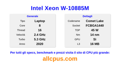 Intel Xeon W-10885M Specifiche e benchmark della CPU