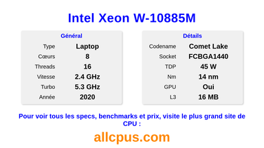 Intel Xeon W-10885M Spécifications et benchmarks du CPU