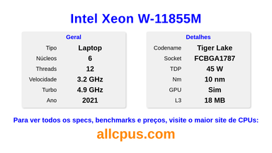 Intel Xeon W-11855M Especificações e benchmarks da CPU