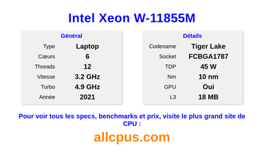 Intel Xeon W-11855M Spécifications et benchmarks du CPU