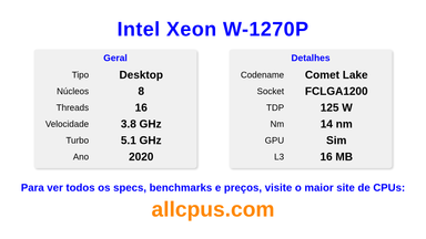 Intel Xeon W-1270P Especificações e benchmarks da CPU