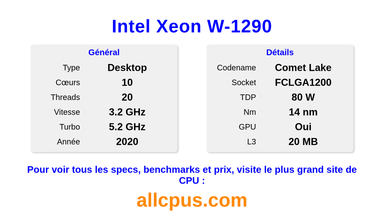 Intel Xeon W-1290 Spécifications et benchmarks du CPU