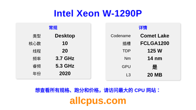 Intel Xeon W-1290P CPU 规格和跑分