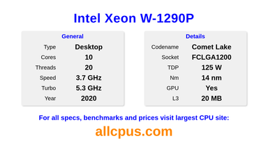 Intel Xeon W-1290P CPU Specifications and Benchmark