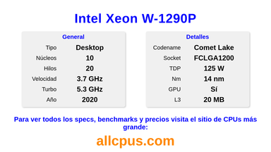 Intel Xeon W-1290P Especificaciones y benchmarks de la CPU