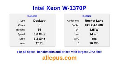 Intel Xeon W-1370P CPU Specifications and Benchmark