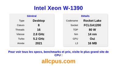 Intel Xeon W-1390 Spécifications et benchmarks du CPU