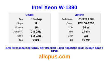 Intel Xeon W-1390 Характеристики и бенчмарки CPU