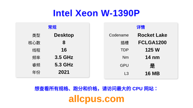 Intel Xeon W-1390P CPU 规格和跑分