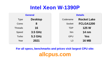 Intel Xeon W-1390P CPU Specifications and Benchmark
